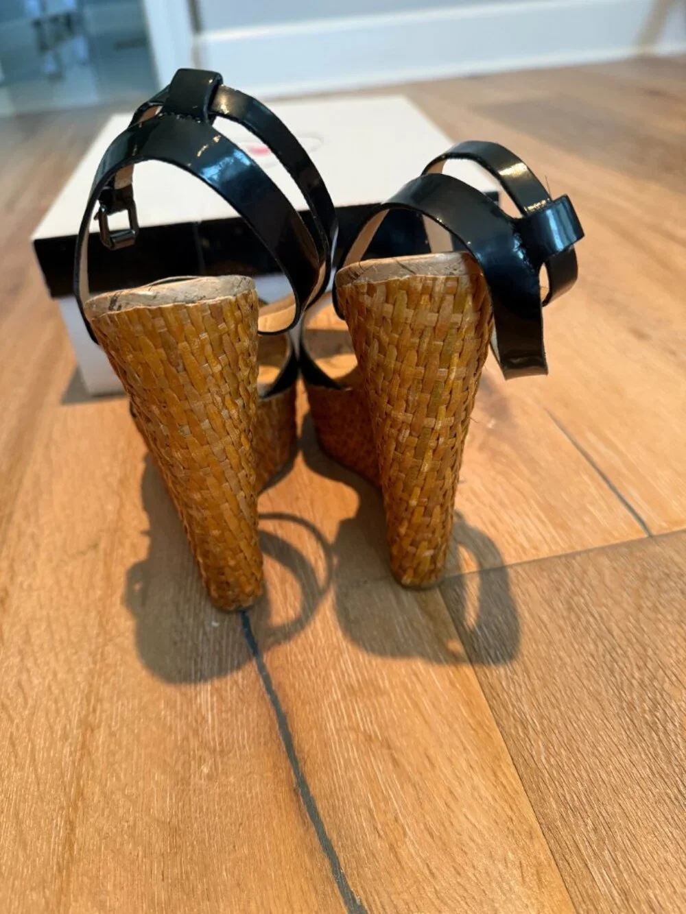 Penny Loves Kenny Black Patent Espadrille Wedges Sandals with Buckle With Box